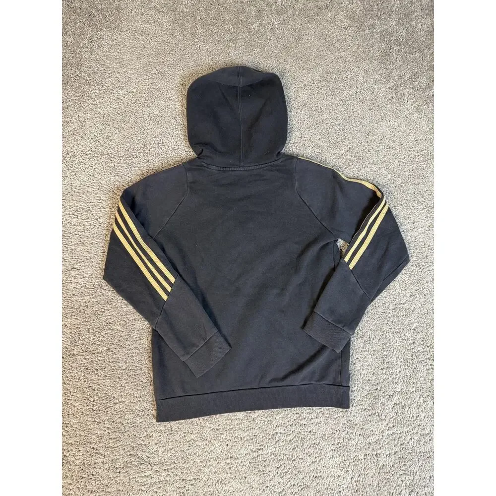Adidas Hoodie Boys Medium Years Black Pullover Gold Stripes Messi Logo Fleece